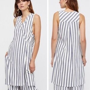 NWT Free People Vertical Stripe Wrap Top XS High Side Slits Tie Waist Blue White